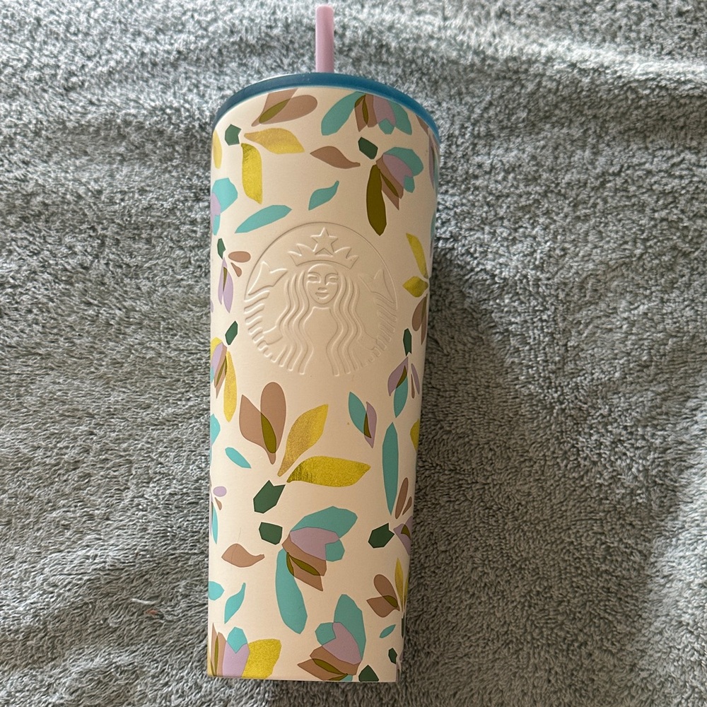 Starbucks Pastel Floral Leaf Tumbler - Cream with Mint, Pink & Gold Accents